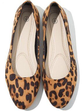 Women's Brown Leapord Round Toe Dressy Comfortable Suede Ballerina Ballet Flats
